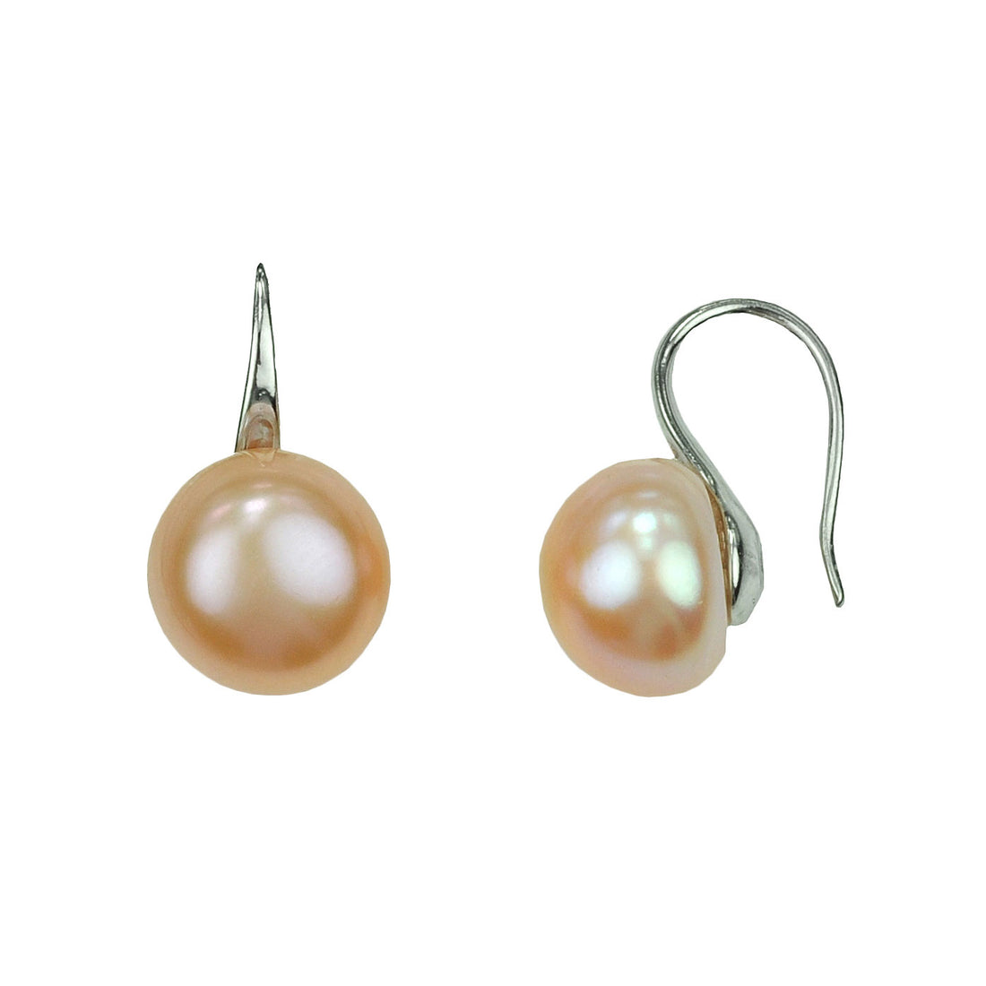 Zalm kleurige zoetwater parel oorbellen, voor- en zijaanzicht | Leis Peach