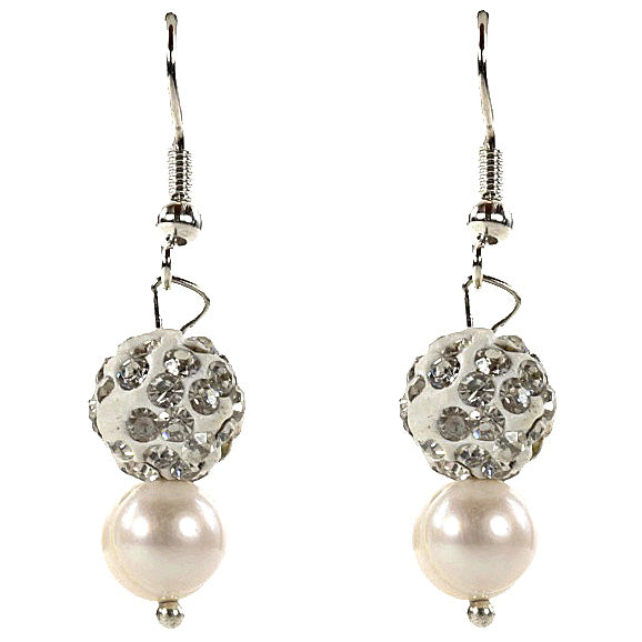 Witte zoetwater parel oorbellen met stras bal en sterling zilver (925) | Maxima