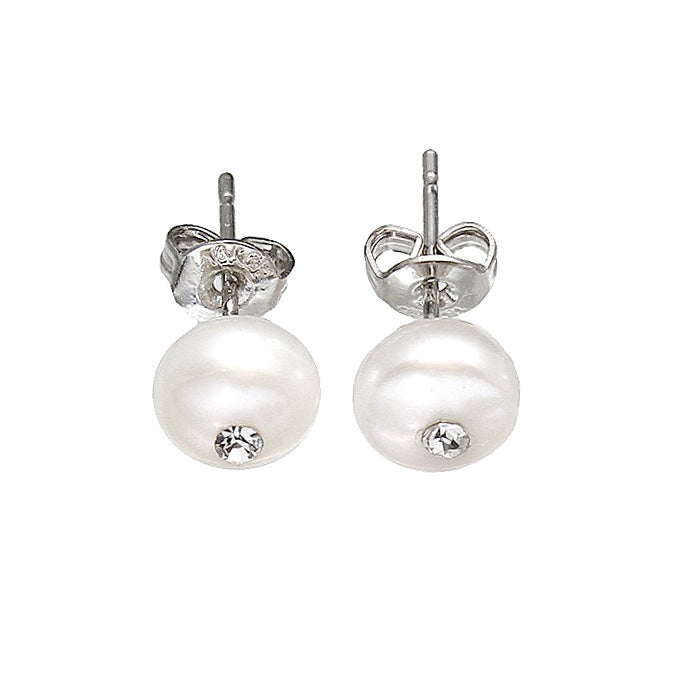 Witte zoetwater parel oorbellen met stras steentje, parel oorknopje | Mea Bling Small White