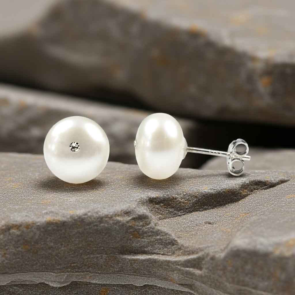 Witte zoetwater parel oorbellen met stras steentje liggend op grijze steen voor en zijaanzicht | Zoetwater parel oorbellen Bling Mea W