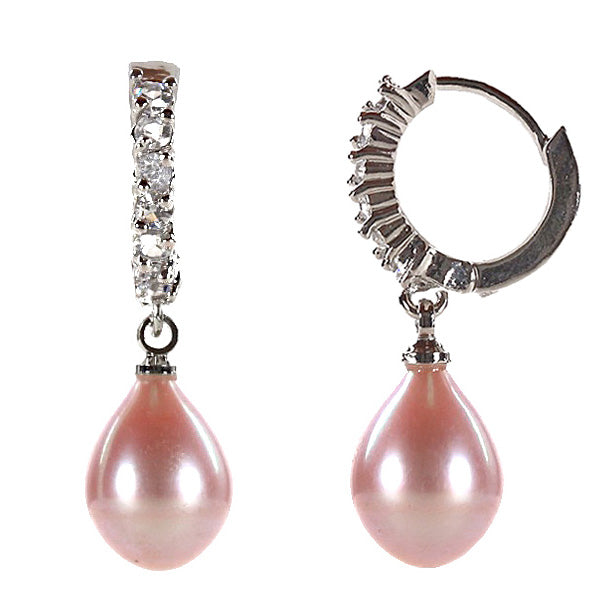 Roze zoetwater parel oorbellen met stras  steentjes, oorringen met roze parel en stras steentjes, voor en zijaanzicht | Pante