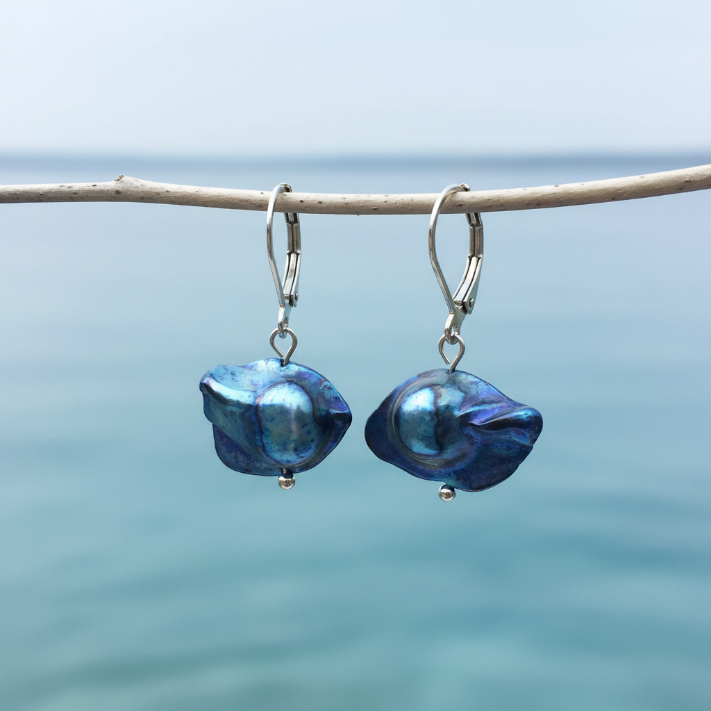 Zoetwater parel oorbellen met cobalt blauwe parels en edelstaal hangend aan takje met water achtergrond| Pearl Blister Blue