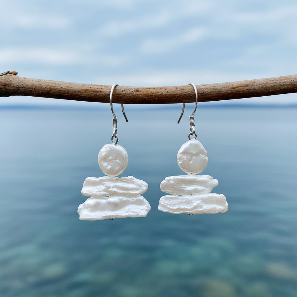 Zoetwater parel oorbellen met witte parels en sterling zilver (925) hangend aan takje | Wendy