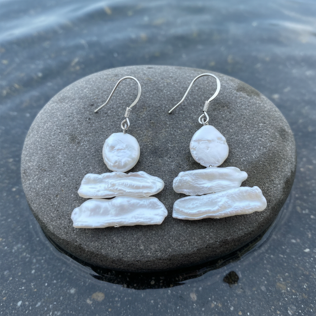 Zoetwater parel oorbellen met witte parels en sterling zilver (925) liggend op natte steen | Wendy