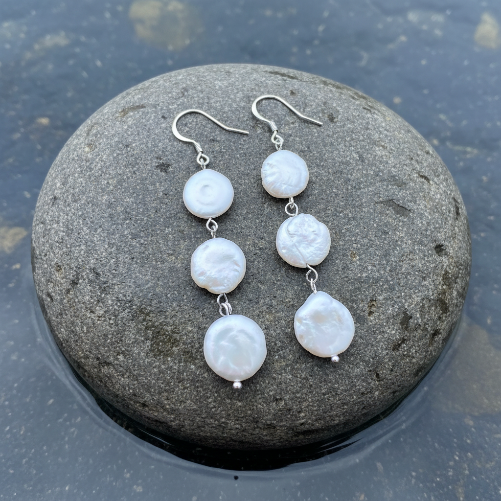 Lange witte zoetwater parel oorbellen met witte parels en sterling zilver (925) liggend op een steen | Weny