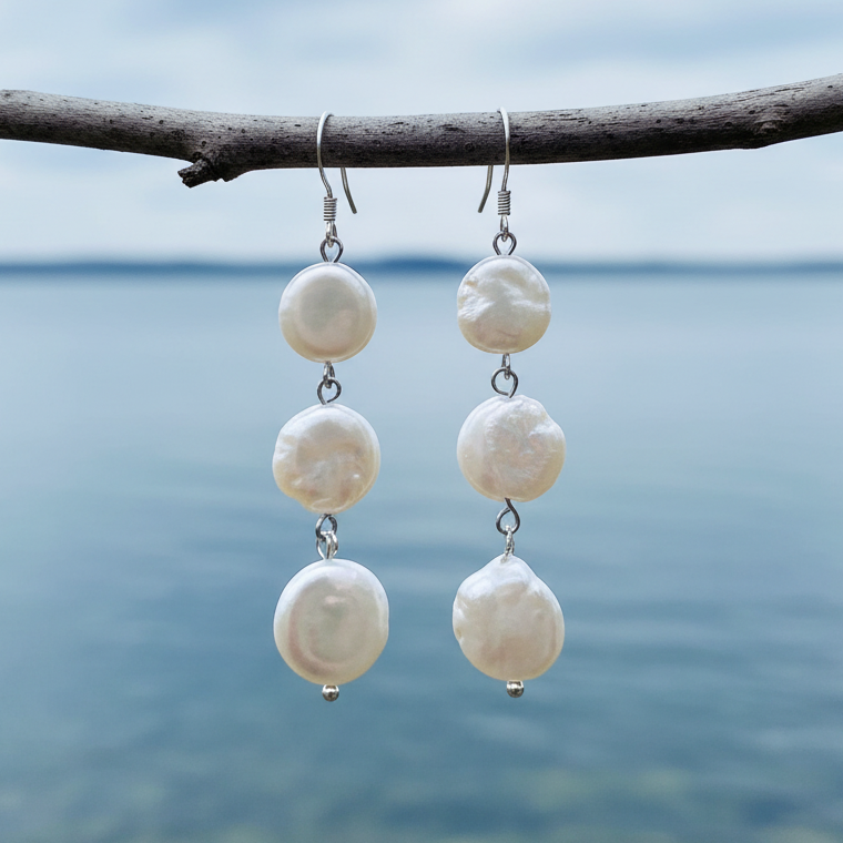 Lange witte zoetwater parel oorbellen met witte parels en sterling zilver (925) hangend aan takje | Weny