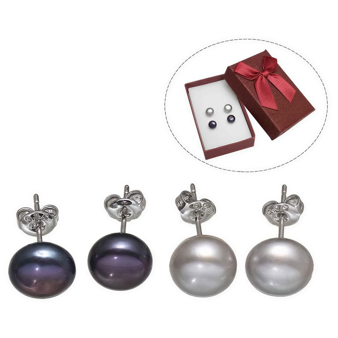 Cadeau set met parel oorbellen in zwart en grijs in rood sieraden doosje | Cadeau set zoetwater parel oorbellen Dea-Gea