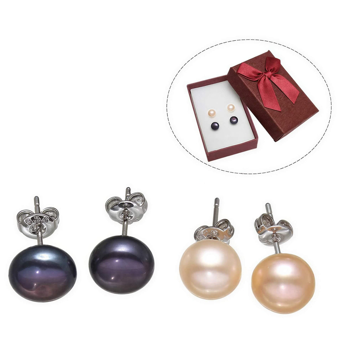 Cadeau set met parel oorbellen in zwart en zalm in rood sieraden doosje overzicht | Cadeau set zoetwater parel oorbellen Dea-Zea