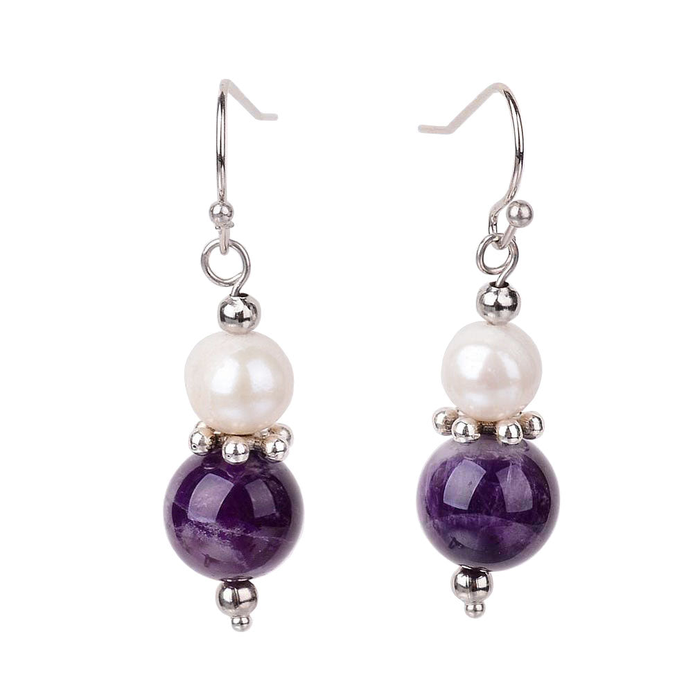 Witte zoetwater parel oorbellen met amethist en sterling zilver (925) | Amilia Amethyst