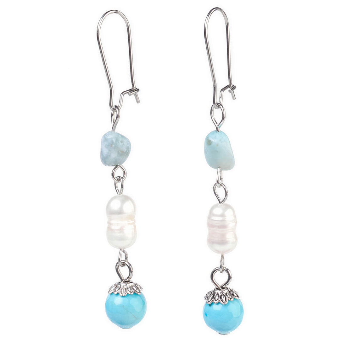 Zoetwater parel oorbellen met witte parels, blauwe edelsteen larimar en zilver edelstaal | Oorbellen Lalita Larimar