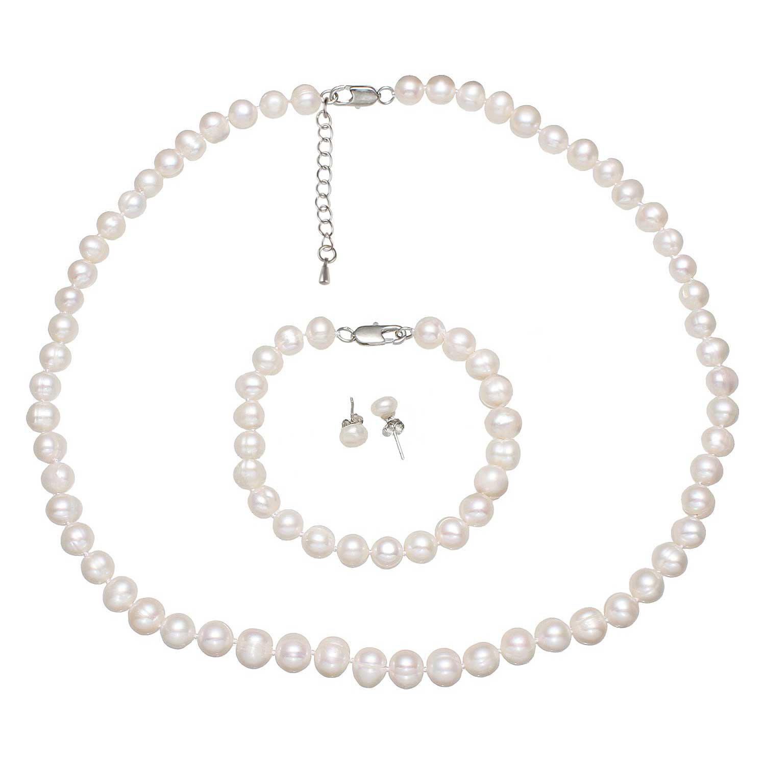 Handgeknoopte parel set bestaande uit een parelketting, parel armband en parel oorbellen met witte parels en sterling zilver (925) | set Bella