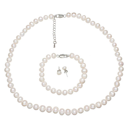 Handgeknoopte parel set bestaande uit een parelketting, parel armband en parel oorbellen met witte parels en sterling zilver (925) | set Bella