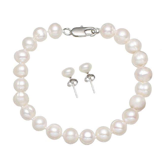 Handgeknoopte parel set bestaande uit een zoetwater parel armband en parel oorbellen met sterling zilver | set Bella (AO)