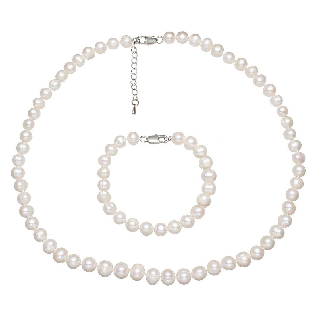 Witte zoetwater parel set met sterling zilveren slotjes bestaande uit een witte parelketting en witte parel armband | set Bella (KA)