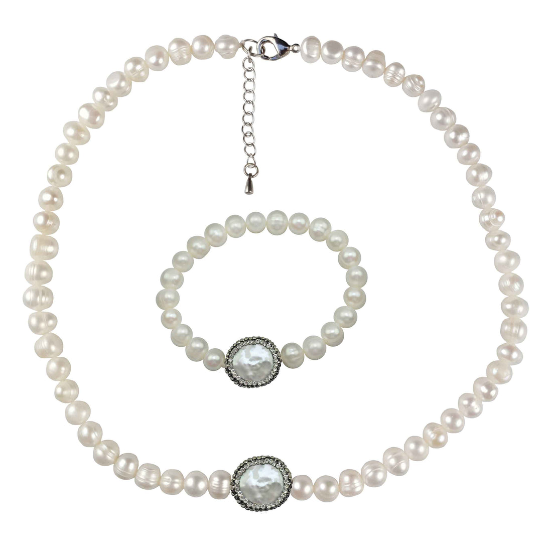 Witte zoetwater parel set bestaande uit een witte parelketting met zwarte stras steentjes en een wit parel armband met zwarte stras steentjes | set Bling Coin Pearl (KA)