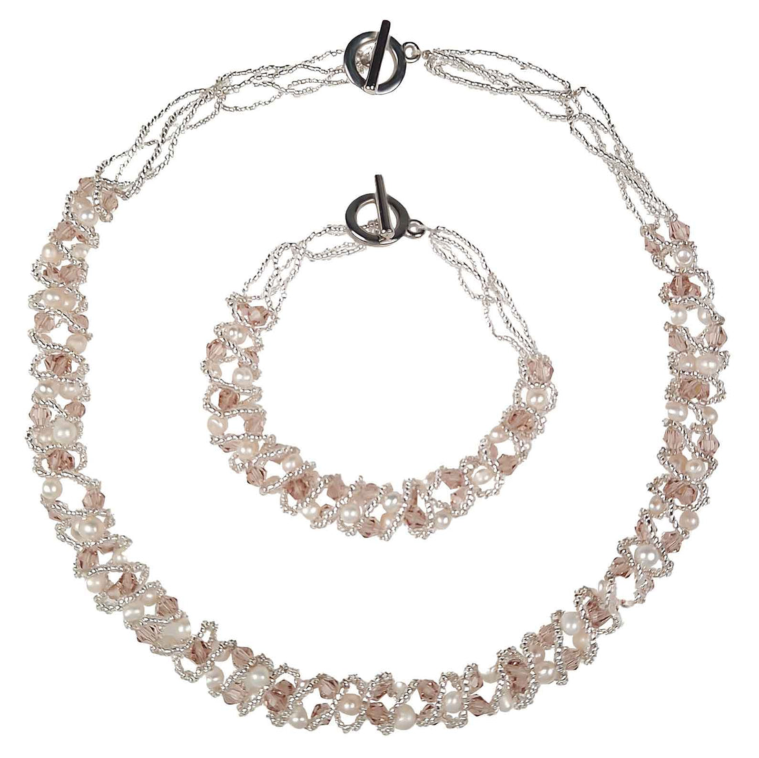 Witte zoetwater parel set bestaande uit een parelketting en parel armband met beige glaskristallen | set Pearl Crystal Clear