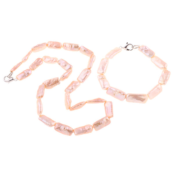 Handgeknoopte zoetwater parel set bestaande uit parelketting en parel armband met zalm kleurige rechthoekige parels en sterling zilver (925) | set Pearl Rectangle Peach