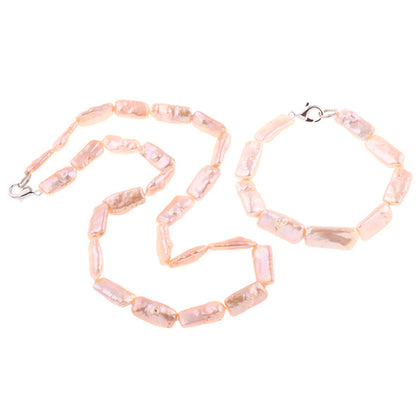 Handgeknoopte zoetwater parel set bestaande uit parelketting en parel armband met zalm kleurige rechthoekige parels en sterling zilver (925) | set Pearl Rectangle Peach