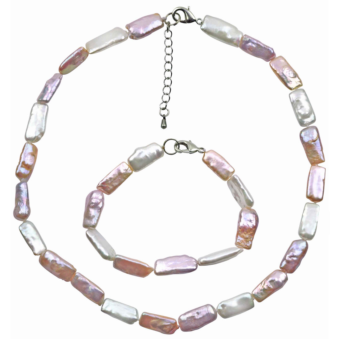 Handgeknoopte zoetwater parel set bestaande uit parelketting en parel armband met witte, zalm en roze rechthoekige parels en sterling zilver (925) | set Pearl Rectangle Soft Colors