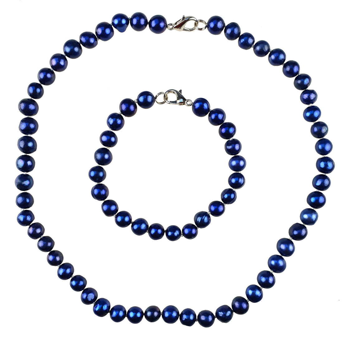 Handgeknoopte zoetwater parel set bestaande uit parelketting en parel armband met cobalt blauwe parels | set Pearl Royal Blue (KA)