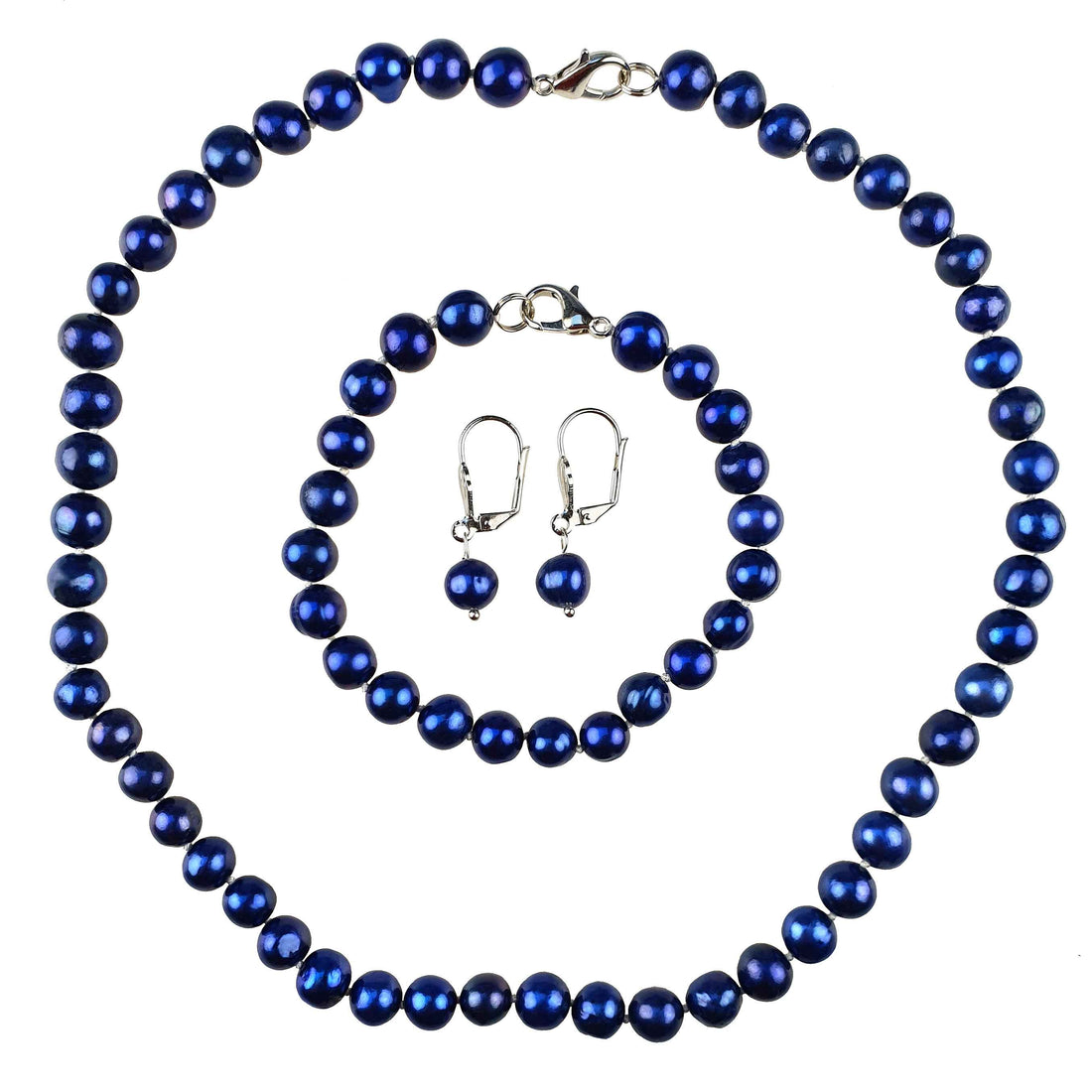 Handgeknoopte zoetwater parel set bestaande uit parelketting, parel armband en parel oorbellen met cobalt blauwe parels | set Pearl Royal Blue