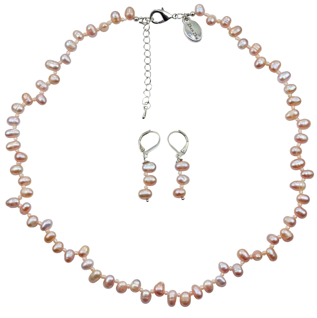 Zoetwater parel set bestaande uit een parelketting en parel oorbellen met zalm roze parels en sterling zilver (925) | set Rozi
