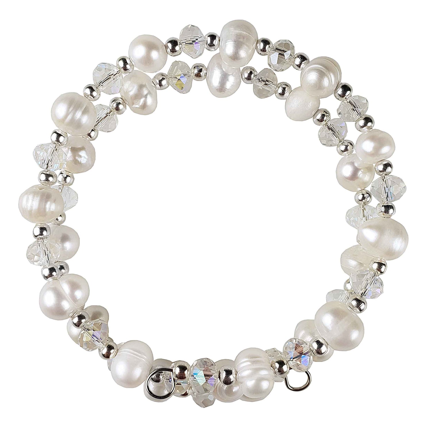Zoetwater parel wikkel armband met witte parels en helder glas kristallen bovenaanzicht | Wrap Pearl White Crystal