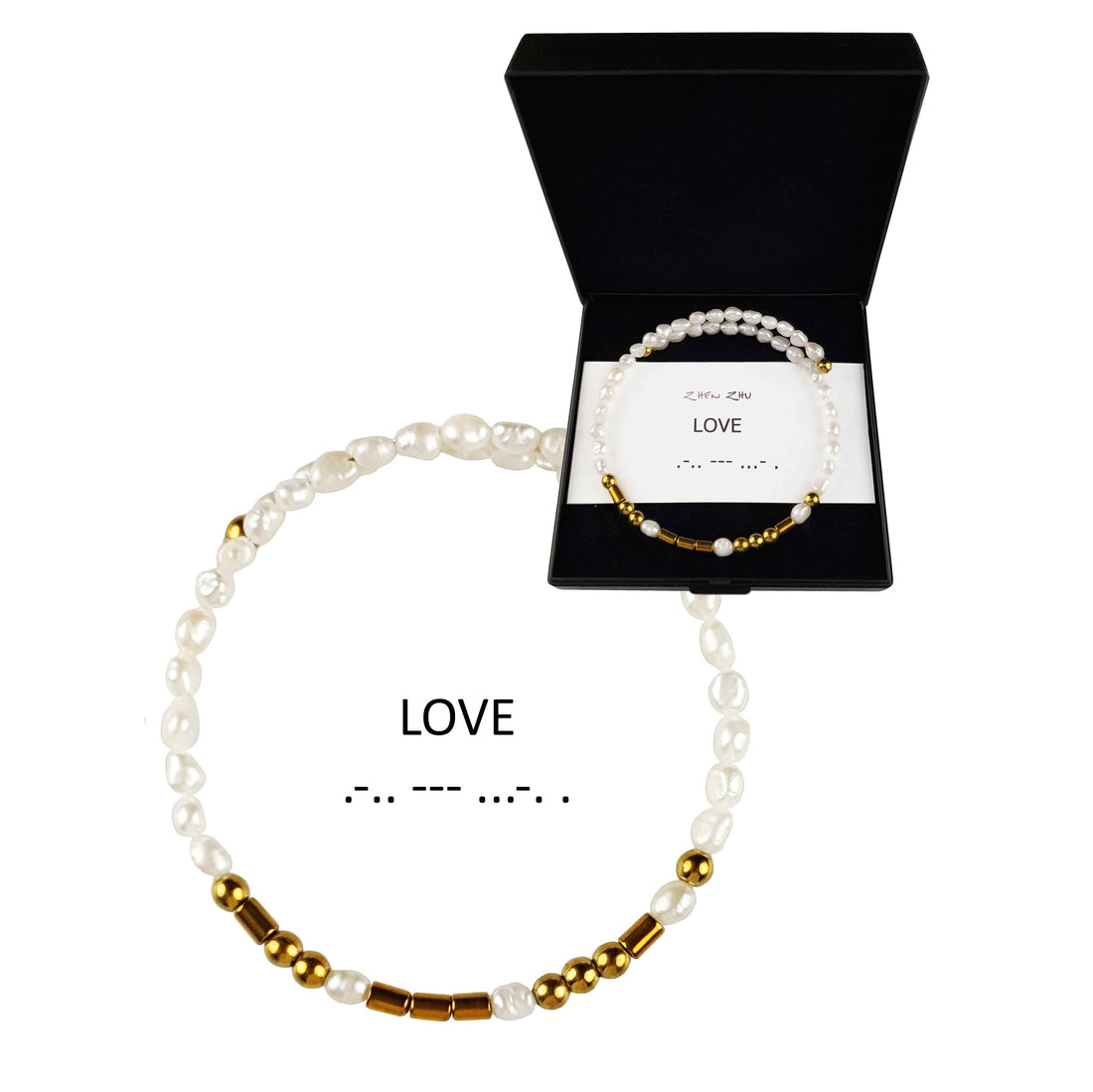 Wit zoetwater parel wikkelarmband met verborgen boodschap LOVE in Morse code met edelsteen goud hematiet in geschenkverpakking | Cadeau set zoetwater parel armband Morse Code LOVE Pearl Gold