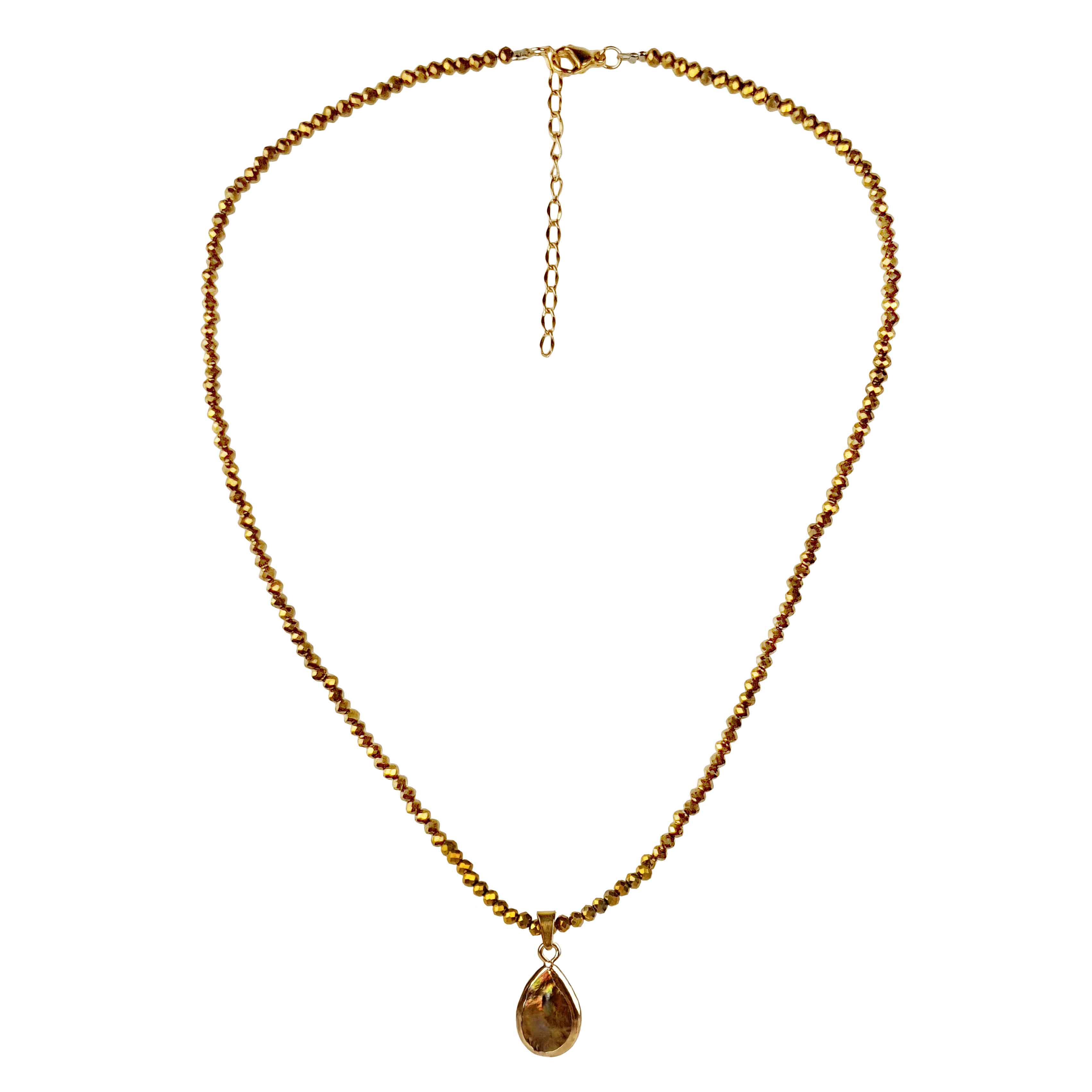 Bruine parelketting met edelstaal en gouden kristallen | set Badia