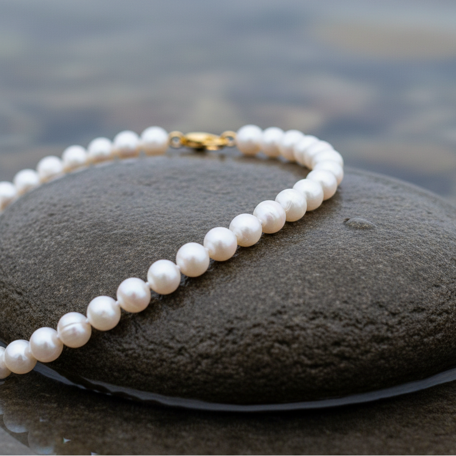 Witte zoetwater parelketting met goud edelstalen slotje liggend op steen close up | Bella Gold