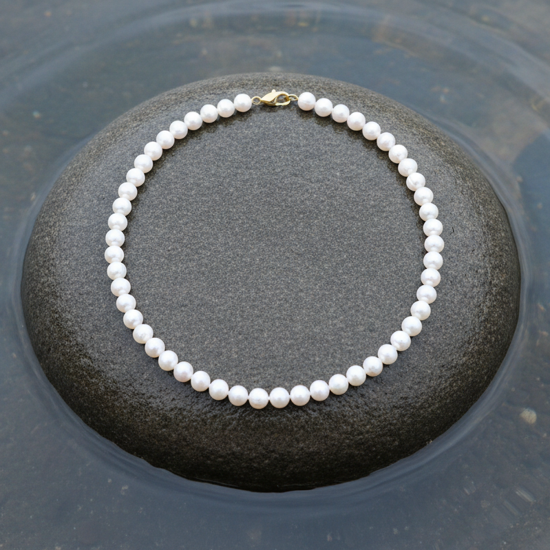 Witte zoetwater parelketting met goud edelstalen slotje liggend op steen in water | Bella Gold