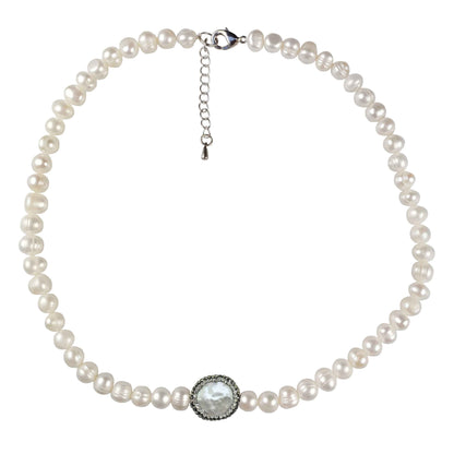 Witte zoetwater parelketting met stras steentjes en sterling zilver (925) | Bling Coin Pearl