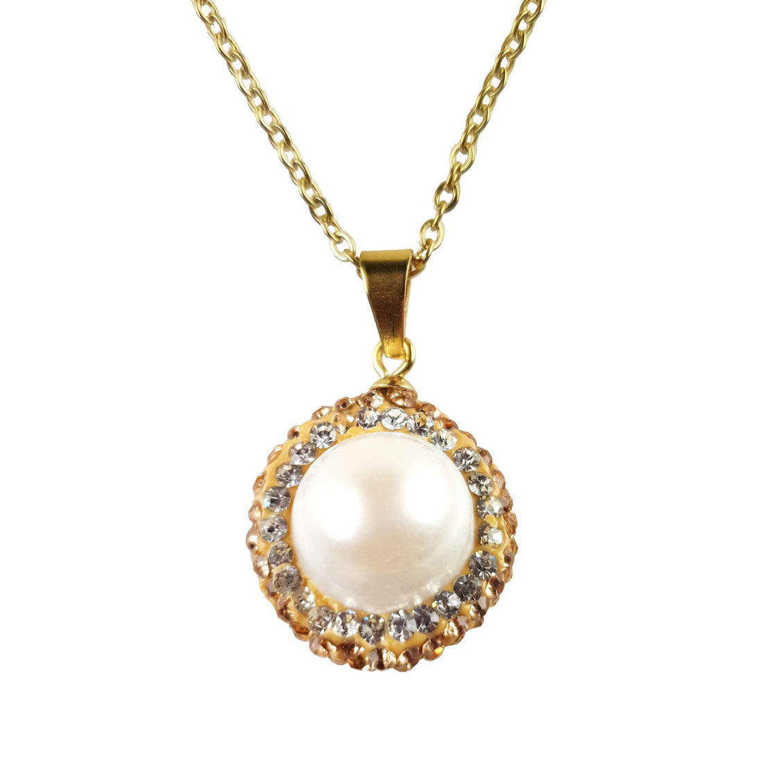 Detail van zoetwater parelketting met witte parel hanger, gouden stras steentjes en goud edelstaal | Bright Golden Pearl