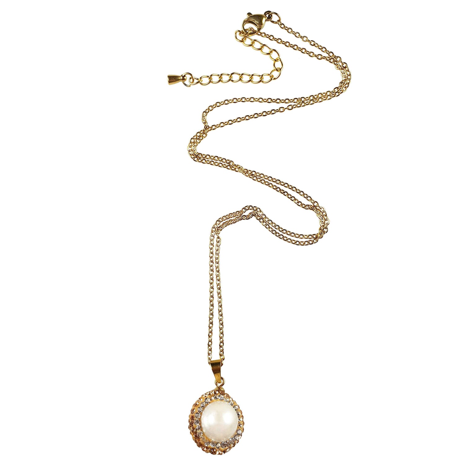 Zoetwater parelketting met witte parel hanger, gouden stras steentjes en goud edelstaal liggend | Bright Golden Pearl