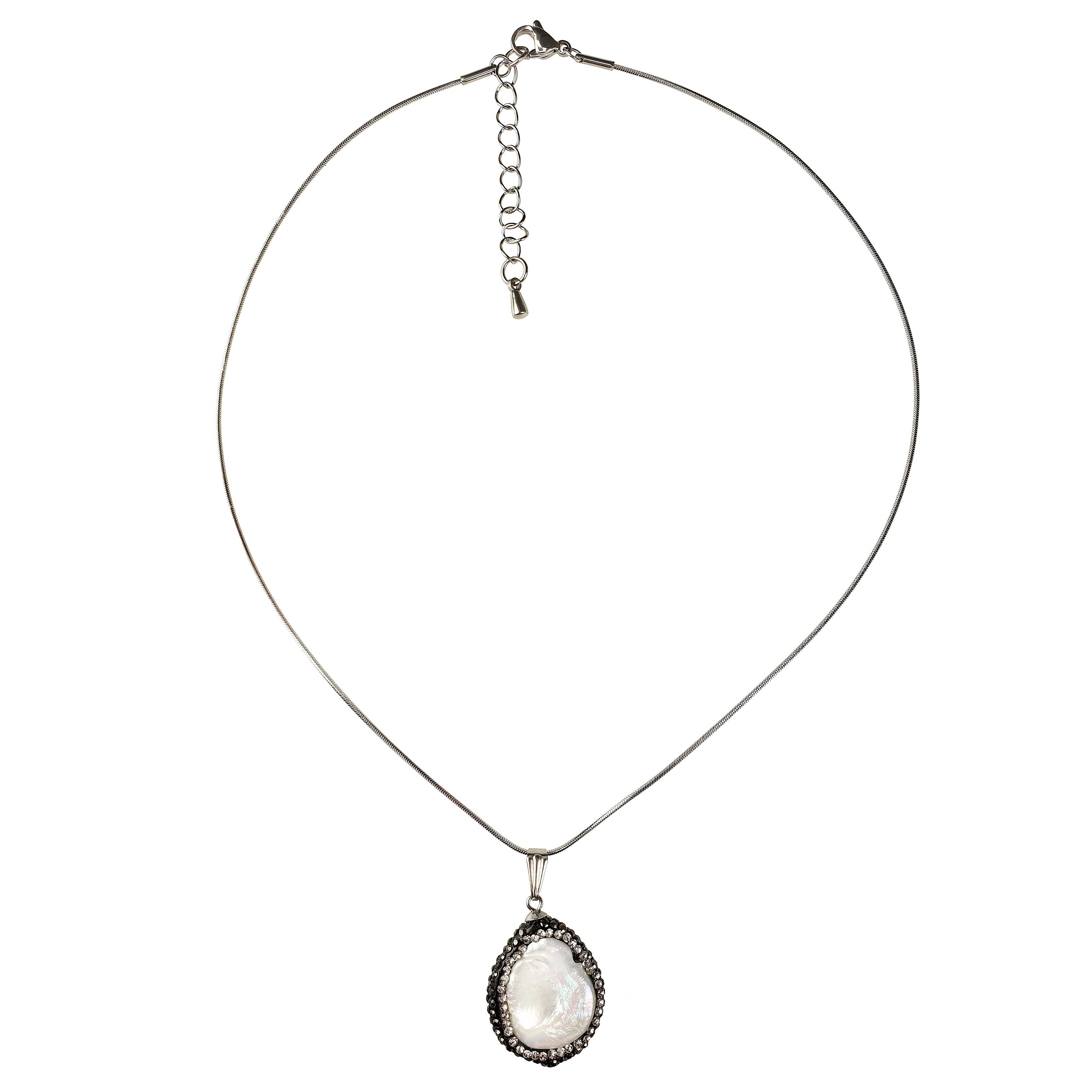 Zoetwater parelketting met witte parel hanger met stras steentjes en zilver edelstaal | Bright Minimal Silver 