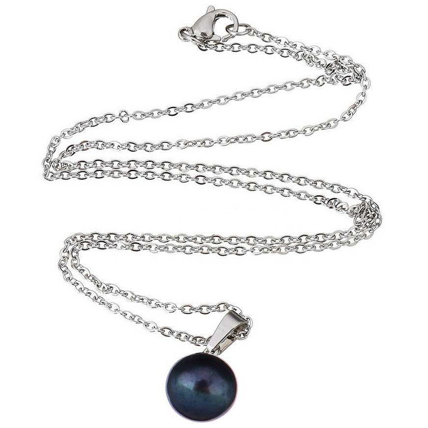 Zoetwater parelketting met zwart blauwe parel hanger en zilver edelstaal | Brit B