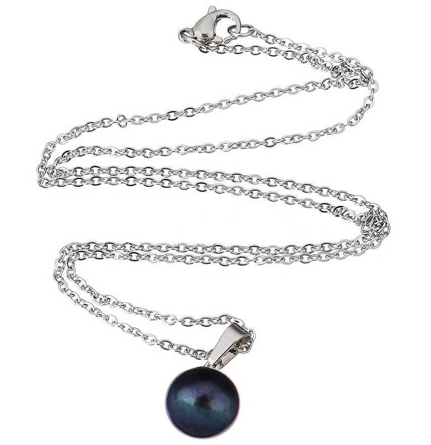 Zoetwater parelketting met zwart blauwe parel hanger en zilver edelstaal | Brit B