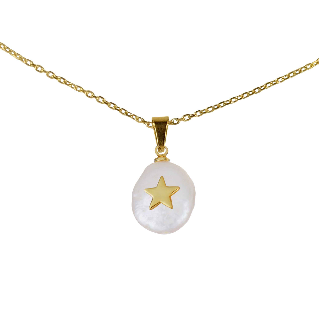 Detail van zoetwater parelketting met witte parel hanger met gouden ster en goud edelstaal | Coin Pearl Golden Star