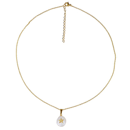 Zoetwater parelketting met witte parel hanger met gouden ster en goud edelstaal | Coin Pearl Golden Star