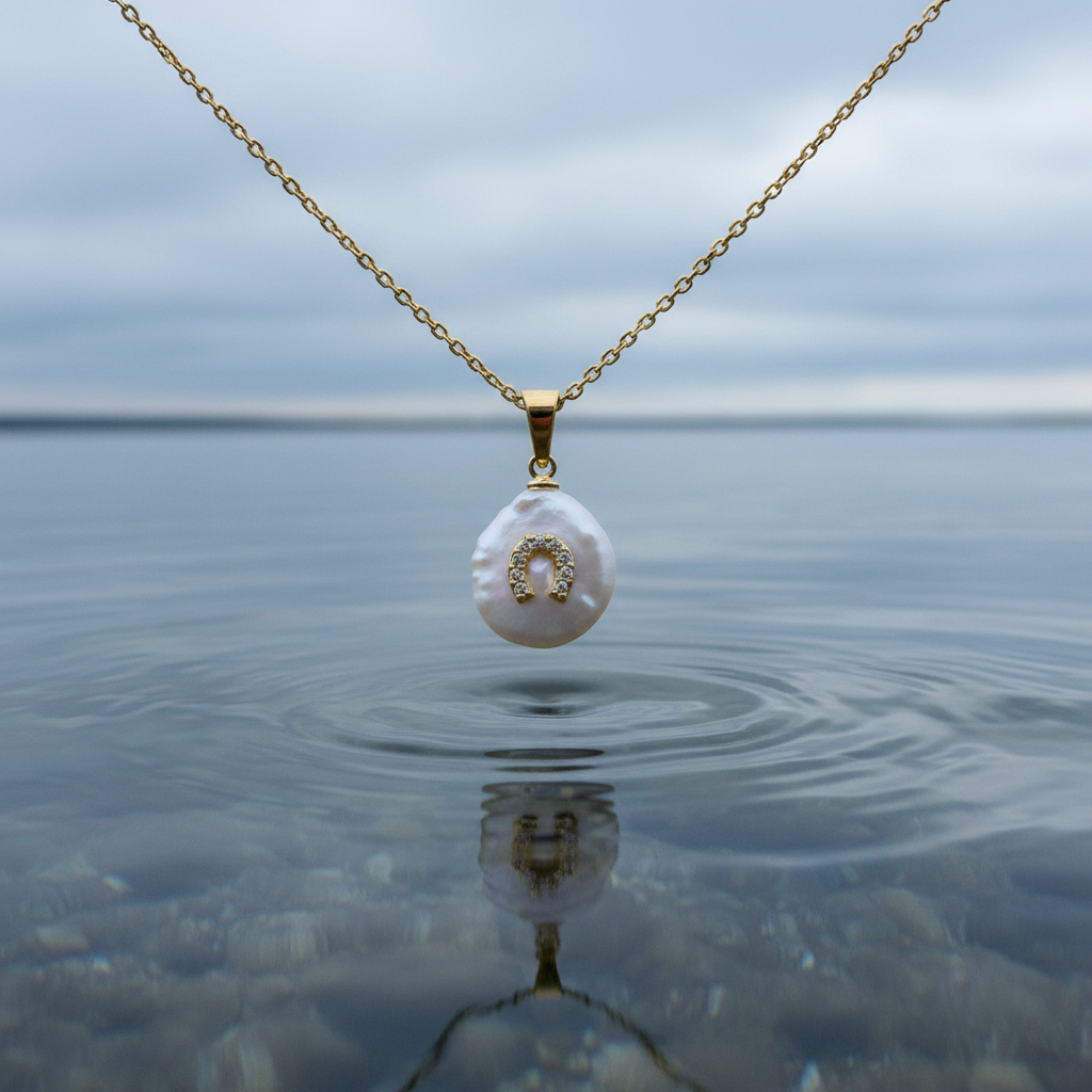 Zoetwater parelketting  met witte parel hanger met stras steentjes in hoefijzer motief en goud edelstaal hangend boven water | Coin Pearl Good Luck