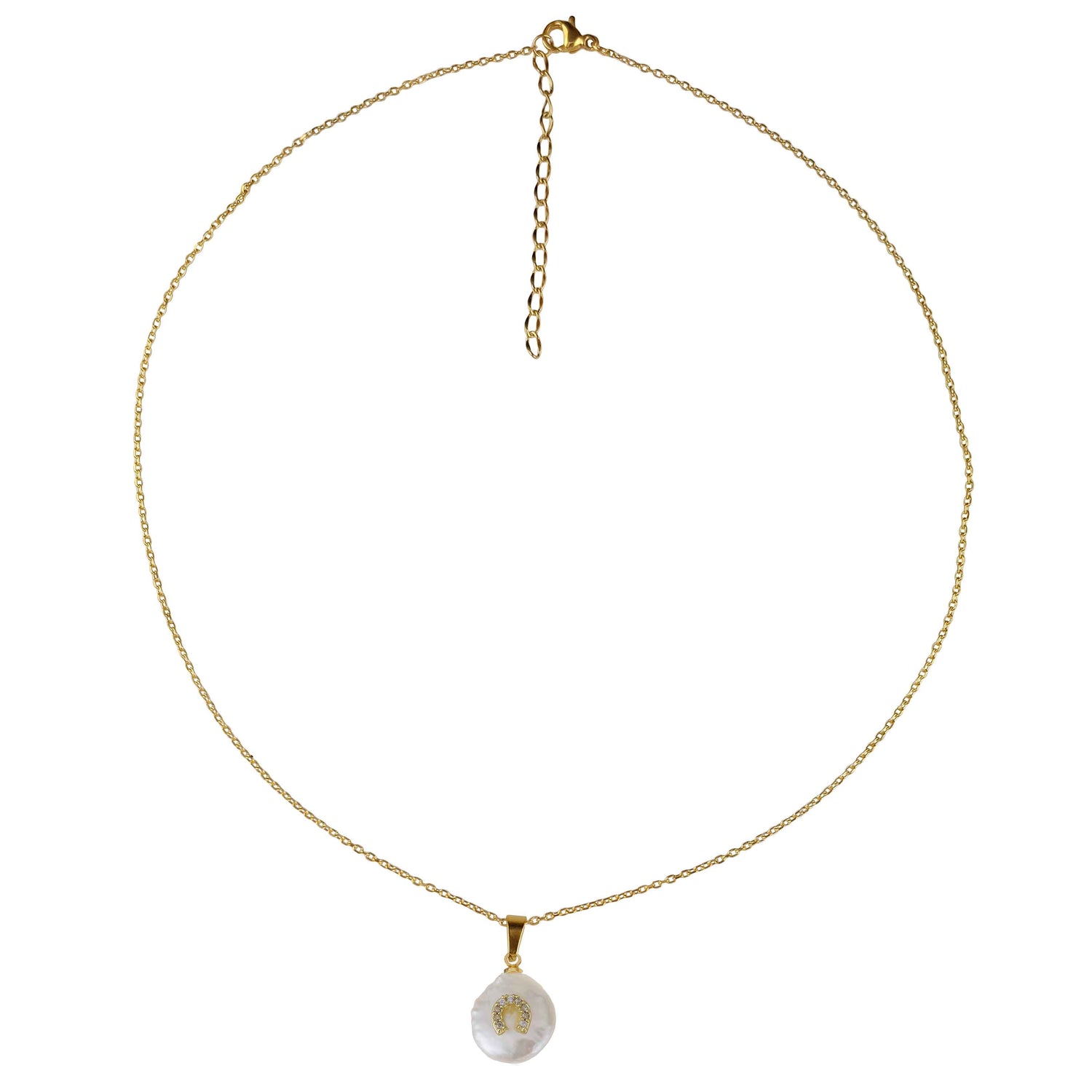 Witte zoetwater parelketting  met witte parel hanger met stras steentjes in hoefijzer motief en goud edelstaal | Coin Pearl Good Luck