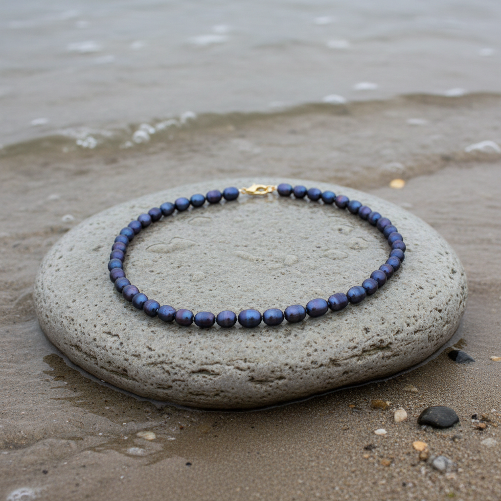 Handgeknoopte zoetwater parelketting met zwarte parels en goud edelstaal liggend op een steen aan de waterrand | Daja