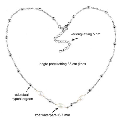 Maten van witte zoetwater parelketting met zilver edelstaal | Parelketting Eline Zilver