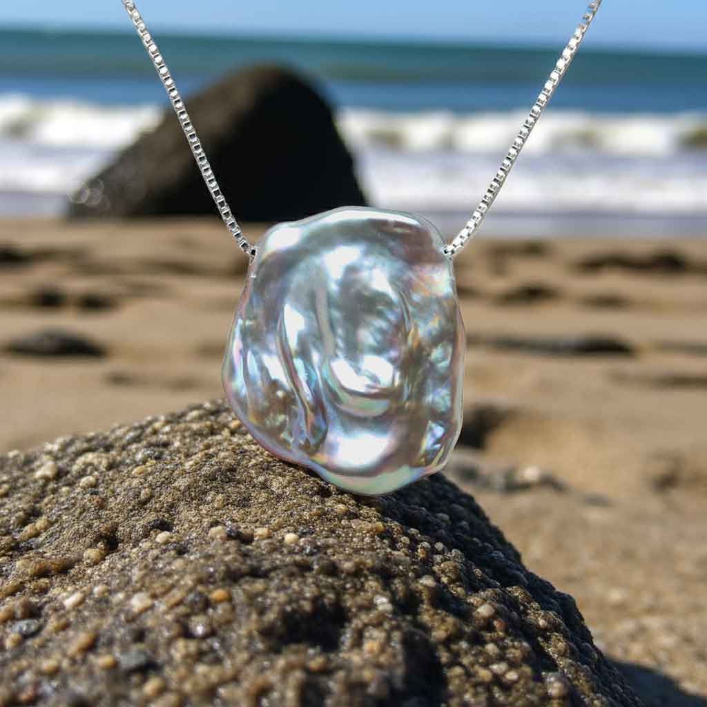 Grijze parelketting liggend op steen met achtergrond strand | Gina