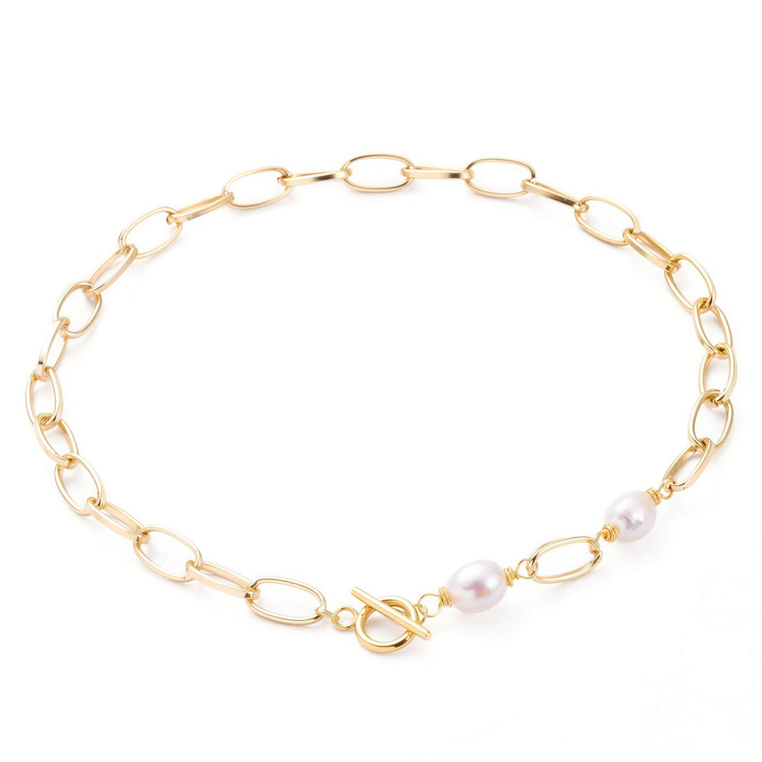 Witte zoetwater parelketting met goud aluminium en barok parels | Gold Paperclip Pearl