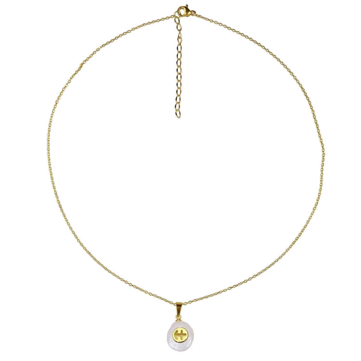 Zoetwater parelketting met witte parel hanger met gouden symbool van sterrenbeeld boogschutter en goud edelstaal | Gouden Sterrenbeeld Boogschutter