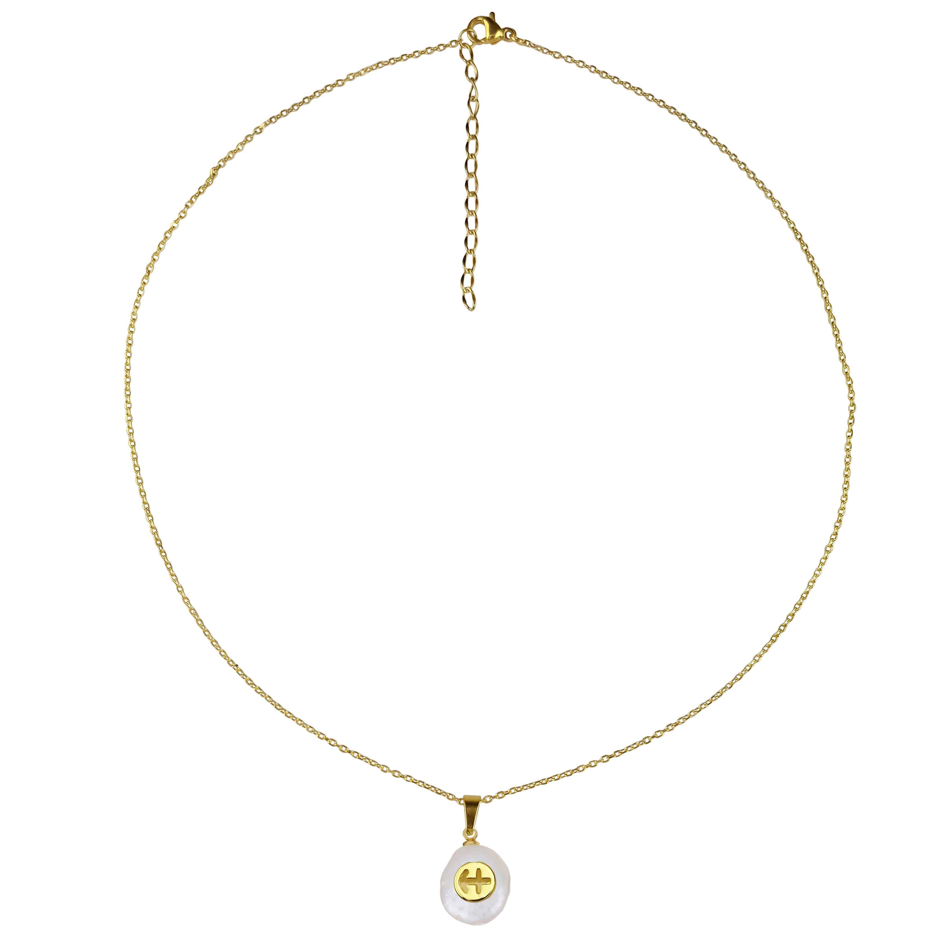 Zoetwater parelketting met witte parel hanger met gouden symbool van sterrenbeeld boogschutter en goud edelstaal | Gouden Sterrenbeeld Boogschutter