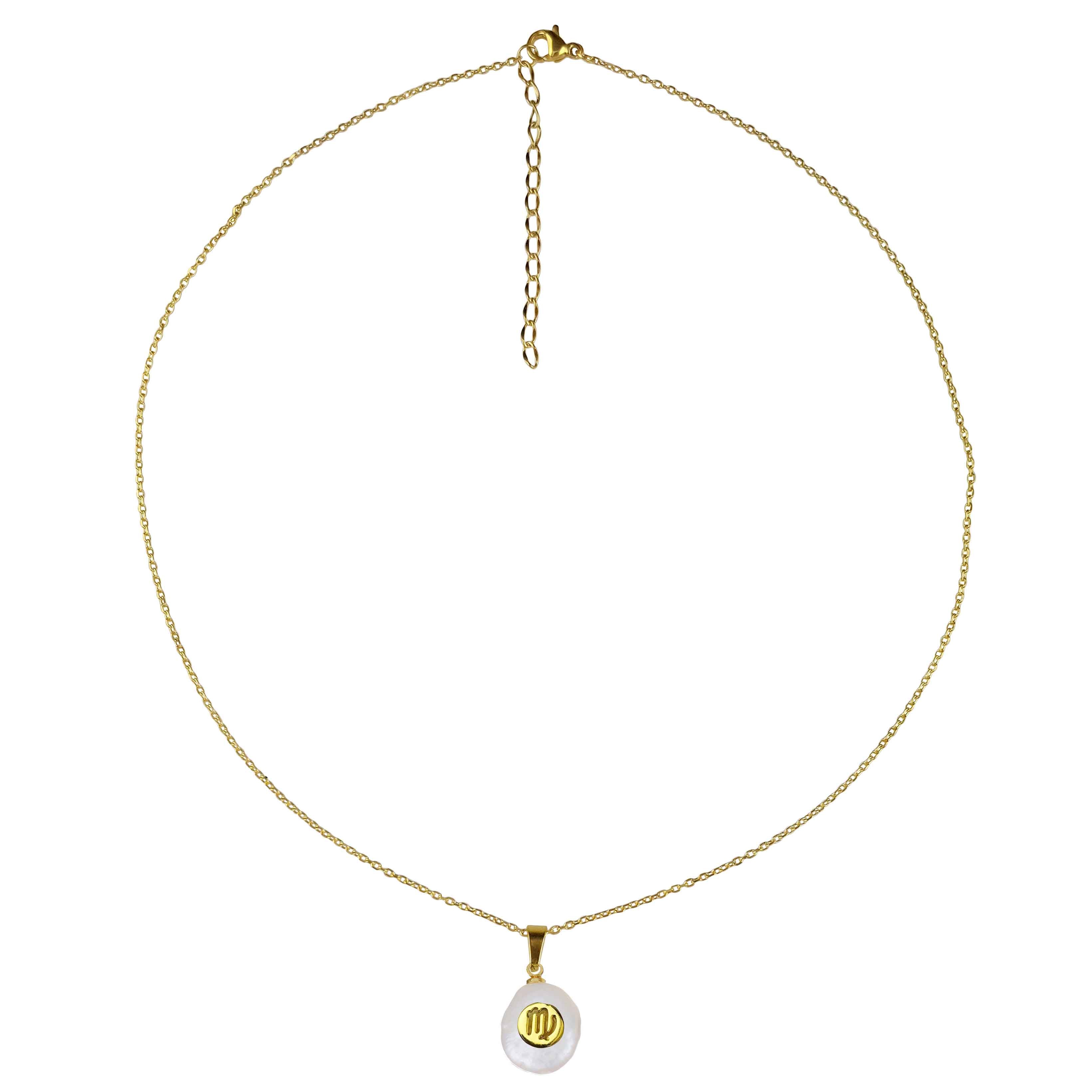 Zoetwater parelketting met witte parel hanger met gouden symbool van sterrenbeeld maagd en goud edelstaal | Gouden Sterrenbeeld Maagd