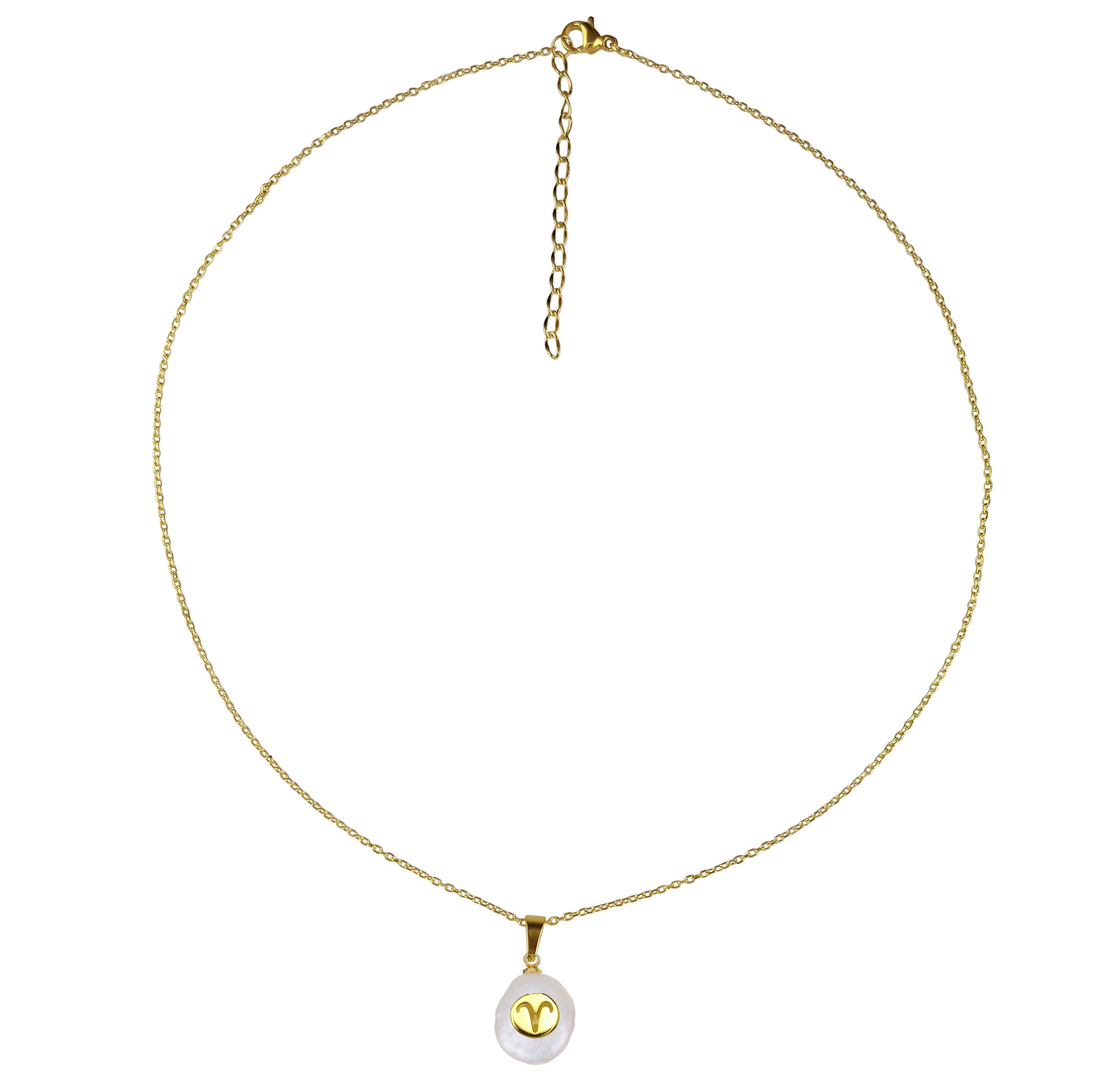 Witte zoetwater parelketting met parel hanger en symbool van sterrenbeeld Ram en goud edelstaal | Gouden Sterrenbeeld Ram