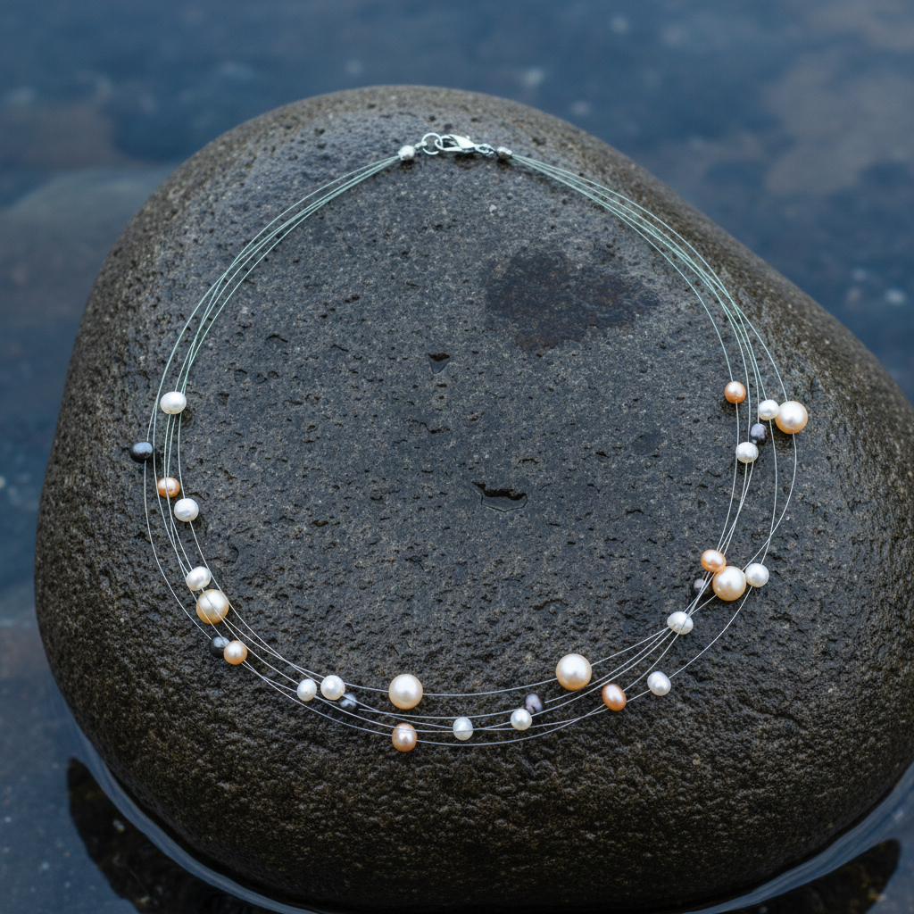 Zoetwater parelketting met witte, zwarte en zalm kleurige parels en sterling zilver (925) | Jill Multi Color